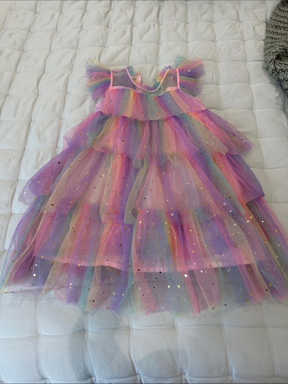 Mia Belle Girls Rainbow Tulle Ruffle Party Dress with Gold Stars